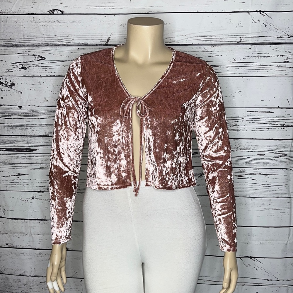 Blue Leopard Size 1X Pink Long Sleeve Tie Front Velvet Cardigan Shrug